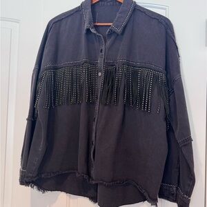 Black Fringe Studded Denim Jacket